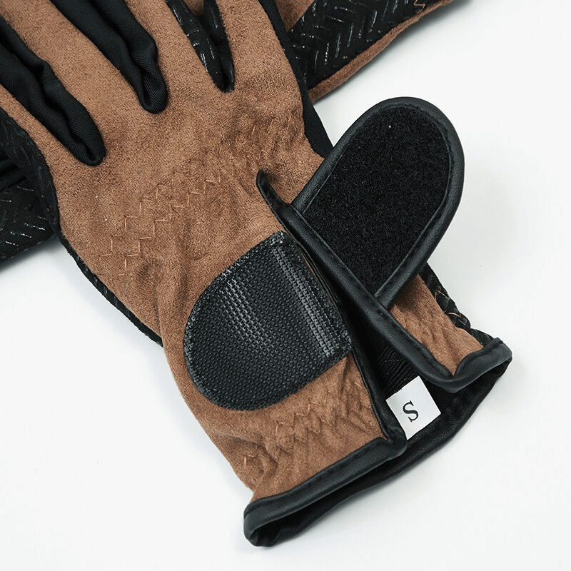 Brown and black silicone non-slip equestrian riding glove with Velcro closure, size small.